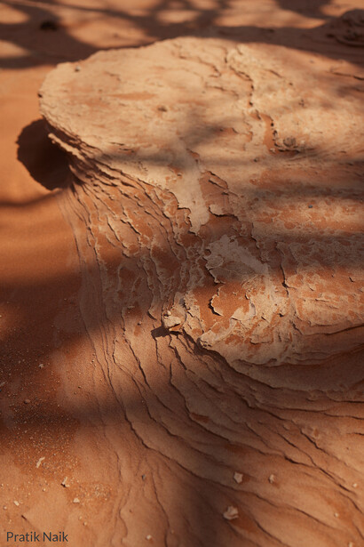Eroded sandstone formation with layered striations and flowing curves casting dramatic shadows in desert sunlight.