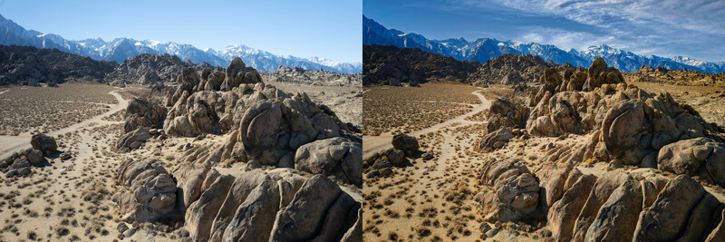 Side-by-side comparison of desert landscape with granite boulders and snow-capped mountains, showing different color grading treatments.