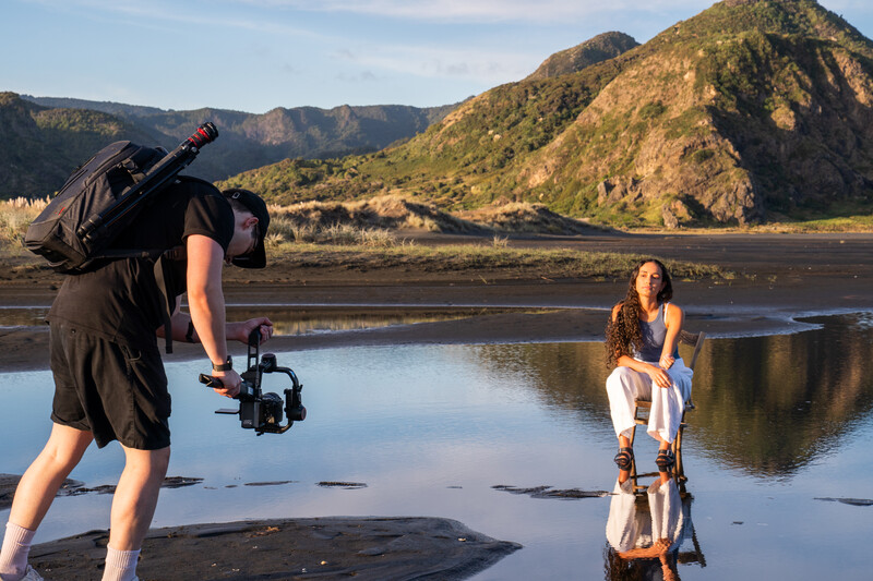Videographer Chase Madsen with model Alaina Tamaki Makaurau.