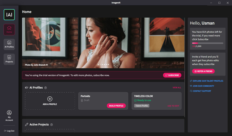 Screenshot of ImageAI photography community platform showing user profile interface with gallery grid and AI features.