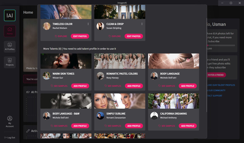 Screenshot of a talent profile interface displaying multiple photographer portfolios with portfolio samples and edit profile buttons.