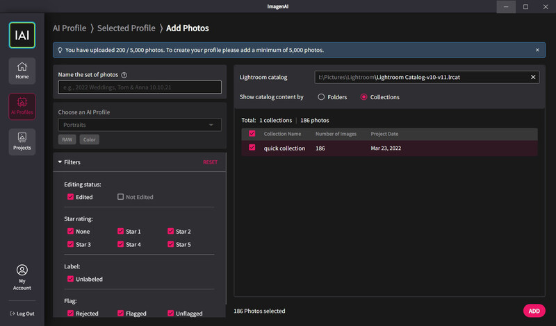 Screenshot of Imgord photo management software showing AI profile interface with filter options and photo organization tools.