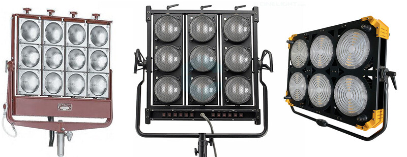 Three professional LED film light fixtures in different configurations and sizes.