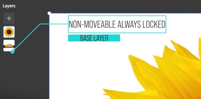 Screenshot of design software showing layers panel with a base layer labeled non-moveable and always locked.