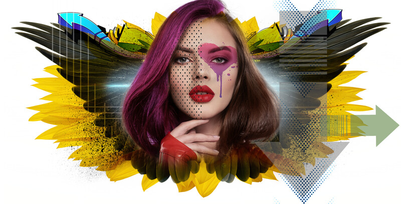 Digital portrait of a woman with magenta hair and artistic makeup, surrounded by vibrant geometric and floral design elements.