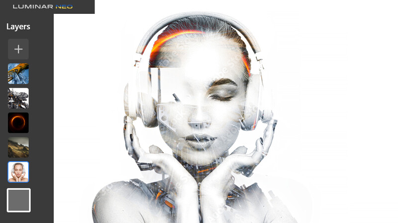 Double exposure composite of a woman's face with headphones and thermal orange lighting effects overlaid.