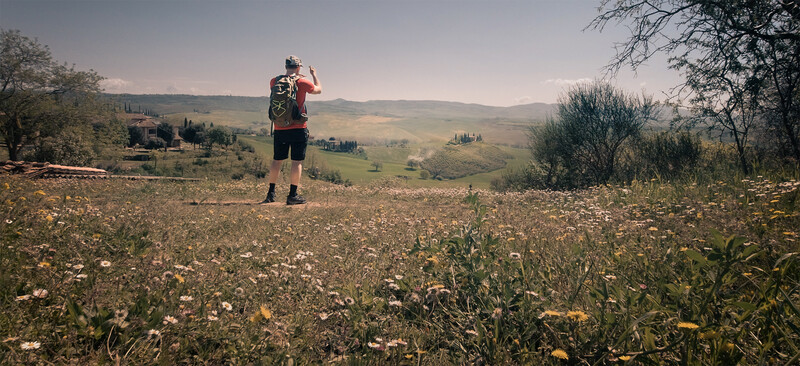 Hiker with backpack standing in wildflower meadow overlooking rolling hills and valleys.