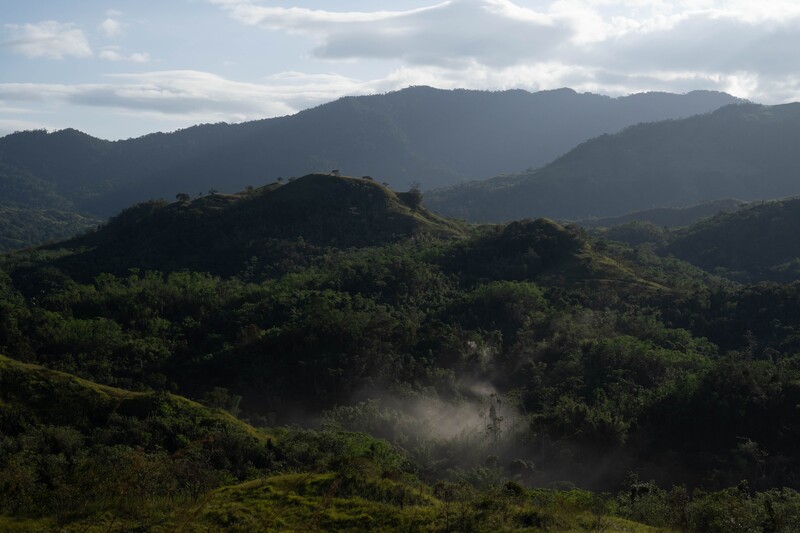 Misty valley nestled between forested mountains under partly cloudy sky.