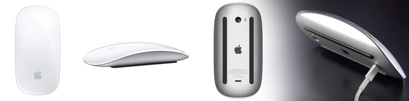 Four Apple Magic Mouse models shown from different angles displaying design evolution.
