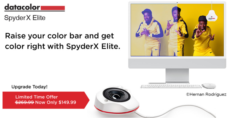 Screenshot of Datacolor Spyder X Elite color calibration device with monitor display and promotional offer.