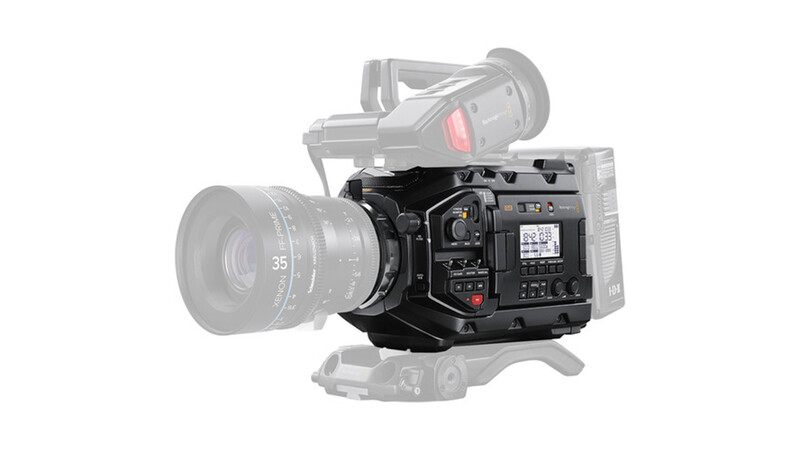 Professional cinema camera with attached lens and viewfinder on white background.