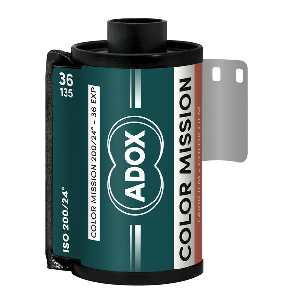Adox ISO 200/24 color film canister with 36-exposure roll and gray film leader clip.