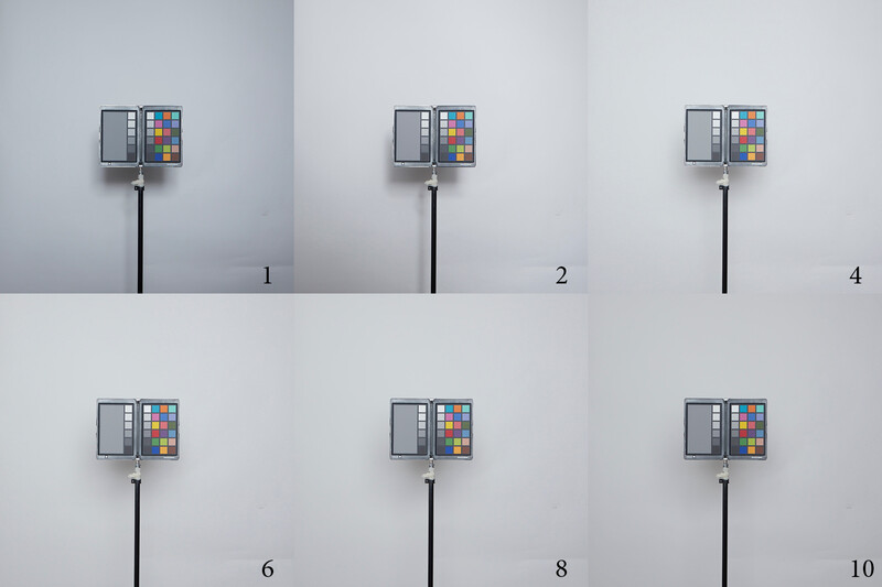 Six color reference cards mounted on stands against white walls, numbered 1, 2, 4, 6, 8, and 10.