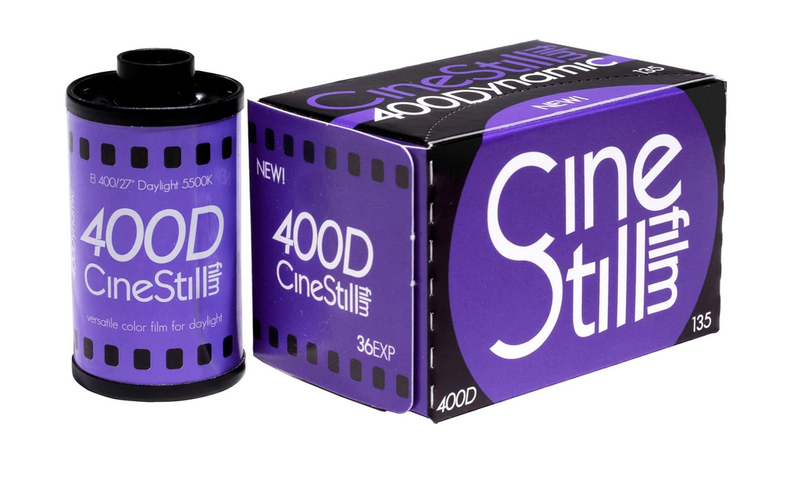 CineStill 400D color film stock displayed with canister and box packaging.