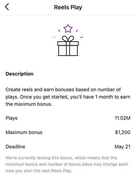 Screenshot of Reels Play bonus program details showing gift box icon and earnings information.
