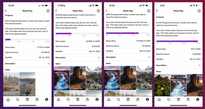 Screenshots of a mobile app showing bonus play features and landscape photography reels.