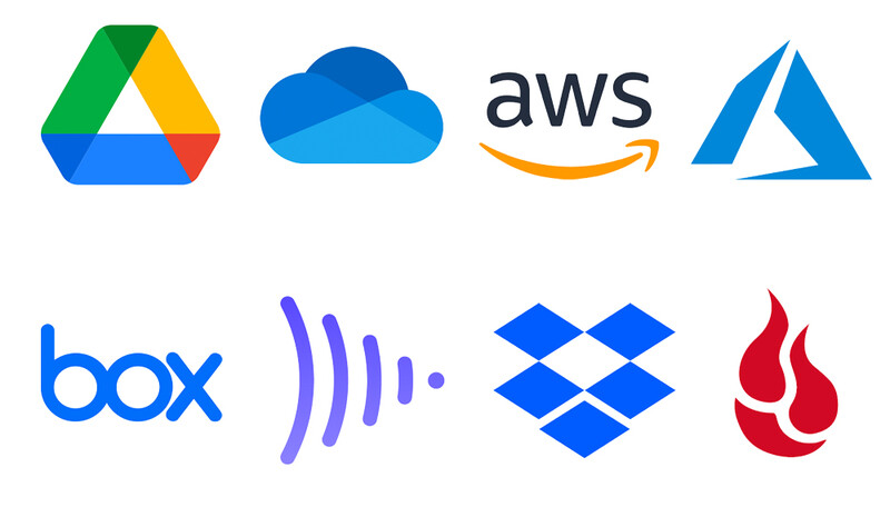 Collection of cloud storage and file hosting service logos including Google Drive, Microsoft OneDrive, AWS, Azure, Box, Splice, Dropbox, and Daum Cloud.