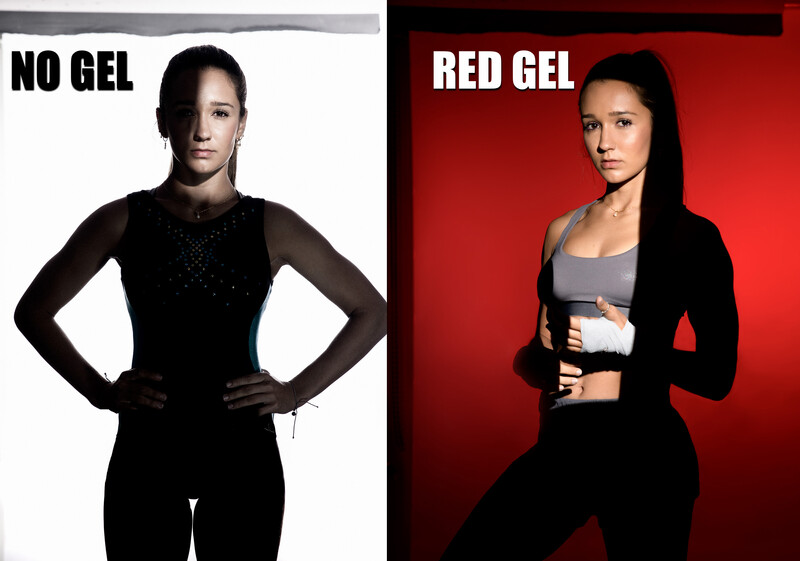 Side-by-side comparison of portrait lighting techniques with neutral and red gel backgrounds.