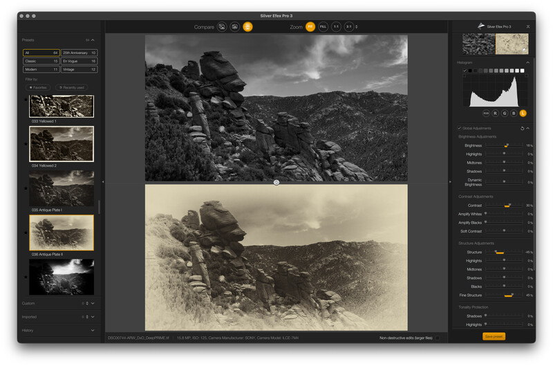Screenshot of photo editing software showing black and white and sepia-toned versions of a rocky mountain landscape.