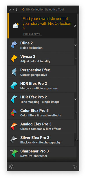 Screenshot of a collection selection tool displaying multiple photo editing effect presets organized in a vertical list.