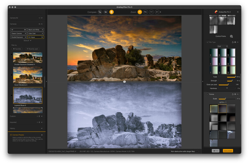 Screenshot of photo editing software showing before and after comparison of a rocky landscape at sunset.