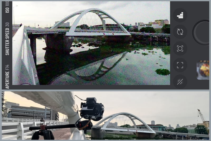 Comparison of two camera angles filming an arched bridge over water, showing different shooting perspectives and focal lengths.