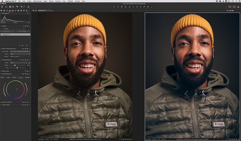 Screenshot showing side-by-side comparison of portrait editing in post-processing software.