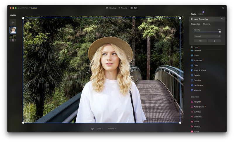 Screenshot of photo editing software displaying portrait of woman in white shirt and tan hat against forest background.