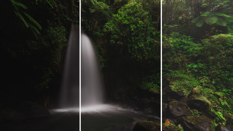 Waterfall flowing into a pool surrounded by lush green moss-covered rocks and dense forest vegetation.