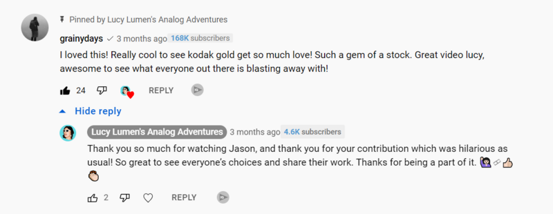 Screenshot of YouTube comments discussing Kodak Gold film stock and analog photography.