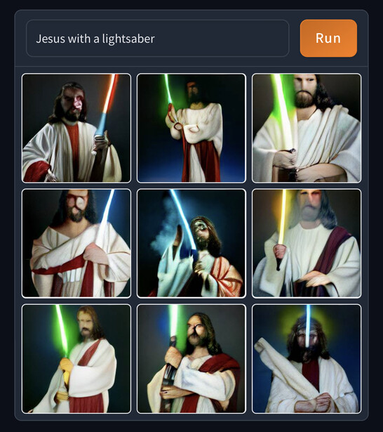 Screenshot of AI image generation interface showing nine variations of Jesus holding a lightsaber.