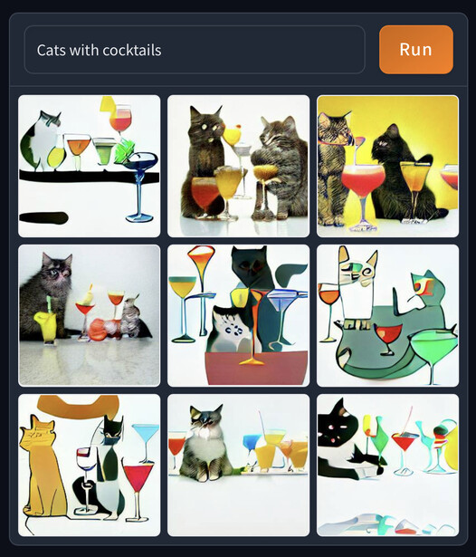 Screenshot of a grid layout displaying nine illustrated scenes of cats with colorful cocktails and beverages.