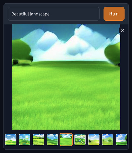 Screenshot of a digital landscape editing interface with a bright green field, white clouds, and blue sky.
