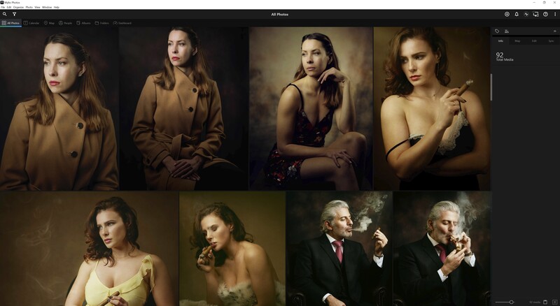 Grid of nine portrait photographs showing varied lighting and styling techniques on different subjects.
