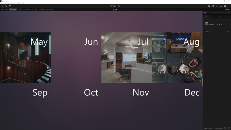 Screenshot of a calendar grid displaying months May through December with photo thumbnails as backgrounds for each month.