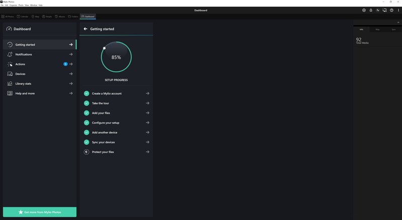Screenshot of a onboarding dashboard displaying a setup progress tracker at 85% completion with a list of setup tasks.