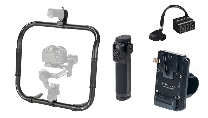Collection of camera stabilizer accessories including a square frame rig, wireless microphone, battery pack, and mounting bracket.