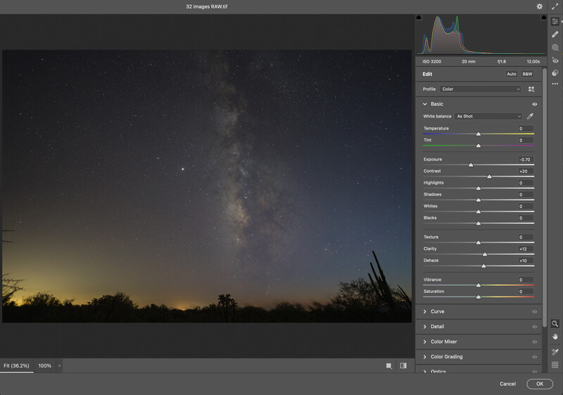 Screenshot of Adobe Lightroom's develop module with a Milky Way landscape image and adjustment panels visible.