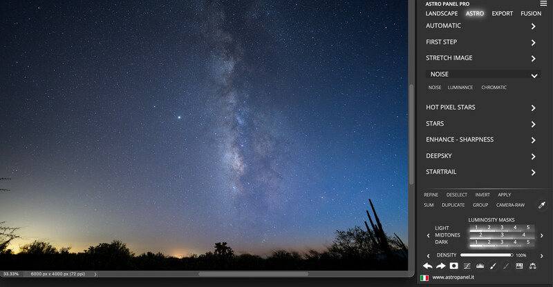 Screenshot of Astro Panel Pro interface with Milky Way night sky photograph and adjustment controls visible.