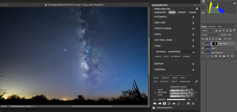 Screenshot of astrophotography editing workflow in Lightroom with Milky Way image and adjustment panels open.