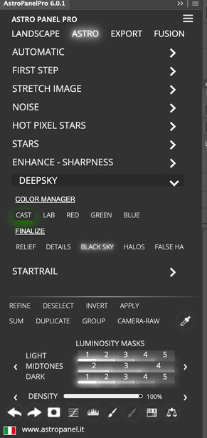 Screenshot of Astro Panel Pro interface showing landscape photography editing controls and adjustment sliders.