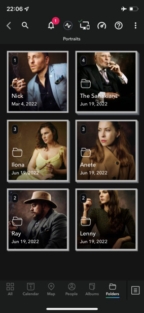 Screenshot of a mobile photography gallery interface displaying six portrait photographs arranged in a grid layout.
