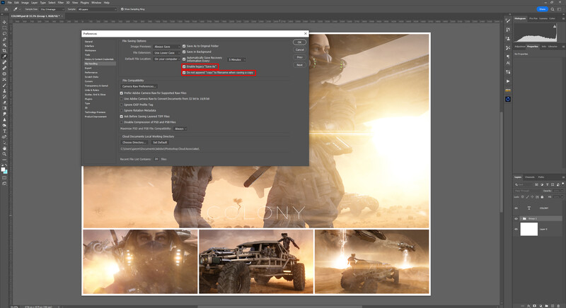 Screenshot of Adobe Photoshop with an editing interface open and a golden-hour automotive composite image displayed in the canvas.