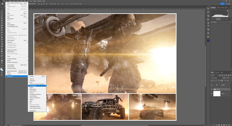 Screenshot of Photoshop workspace displaying post-apocalyptic composite image with vehicle and figures in dusty, backlit scene.