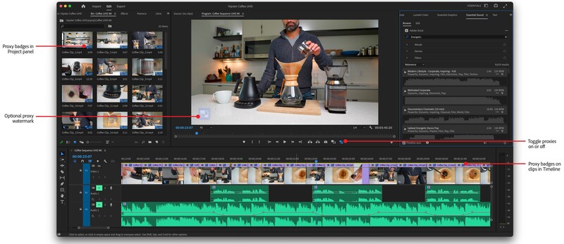 Screenshot of video editing software showing timeline, audio waveforms, and preview of product demonstration footage.