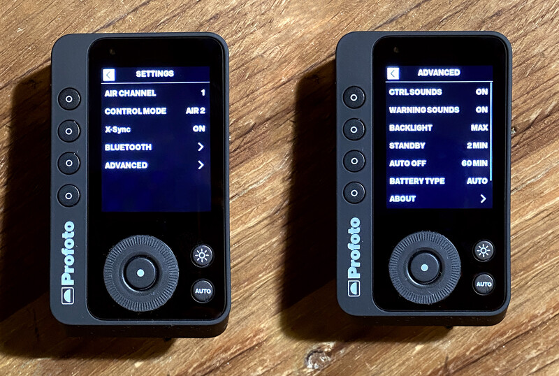 Screenshot showing two Profoto remote control displays side-by-side with settings and advanced menus.