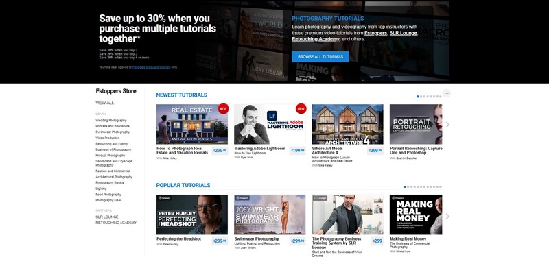 Screenshot of Fstoppers online tutorial store displaying photography and videography courses with promotional banner and grid of course thumbnails.