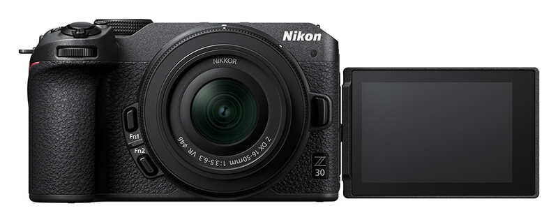 Nikon Z30 mirrorless camera with articulating touchscreen display and kit lens.