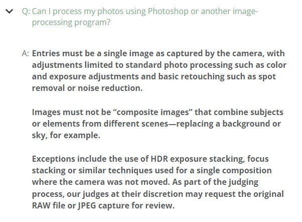 Screenshot of Fstoppers competition guidelines explaining photo processing rules and requirements.