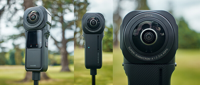 Three compact action cameras displayed side-by-side against outdoor background with trees and grass.